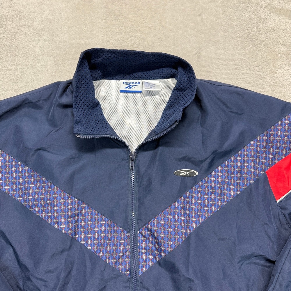Vintage Reebok‎ Track Jacket Mens Medium Navy Blue Red Geometric Stripe Full Zip - Picture 5 of 12